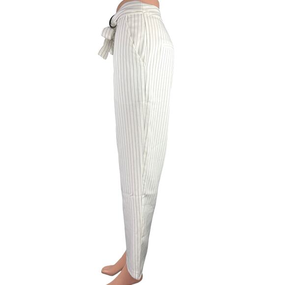 Lucy Paris White Black Striped High Rise Belted Straight Cropped Trouser Pants M - Picture 2 of 6